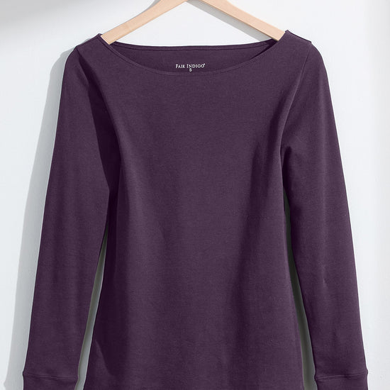 Women's Luxe 100% Organic Cotton Boat Neck Long Sleeve Tee - Eggplant