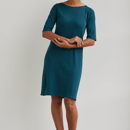 Women's 100% Organic Cotton Elbow Sleeve Boat Neck Dress - Deep Teal