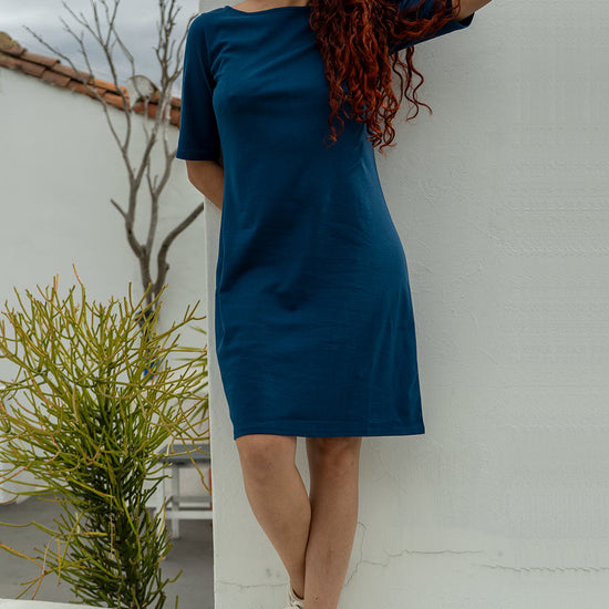 Women's 100% Organic Cotton Elbow Sleeve Boat Neck Dress - Peacock