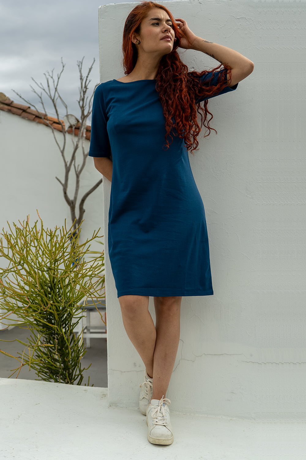 Women's 100% Organic Cotton Elbow Sleeve Boat Neck Dress - Peacock