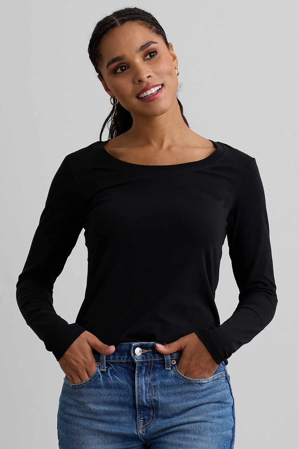 Women's Organic Cotton Scoop Neck Long Sleeve Tee - Black