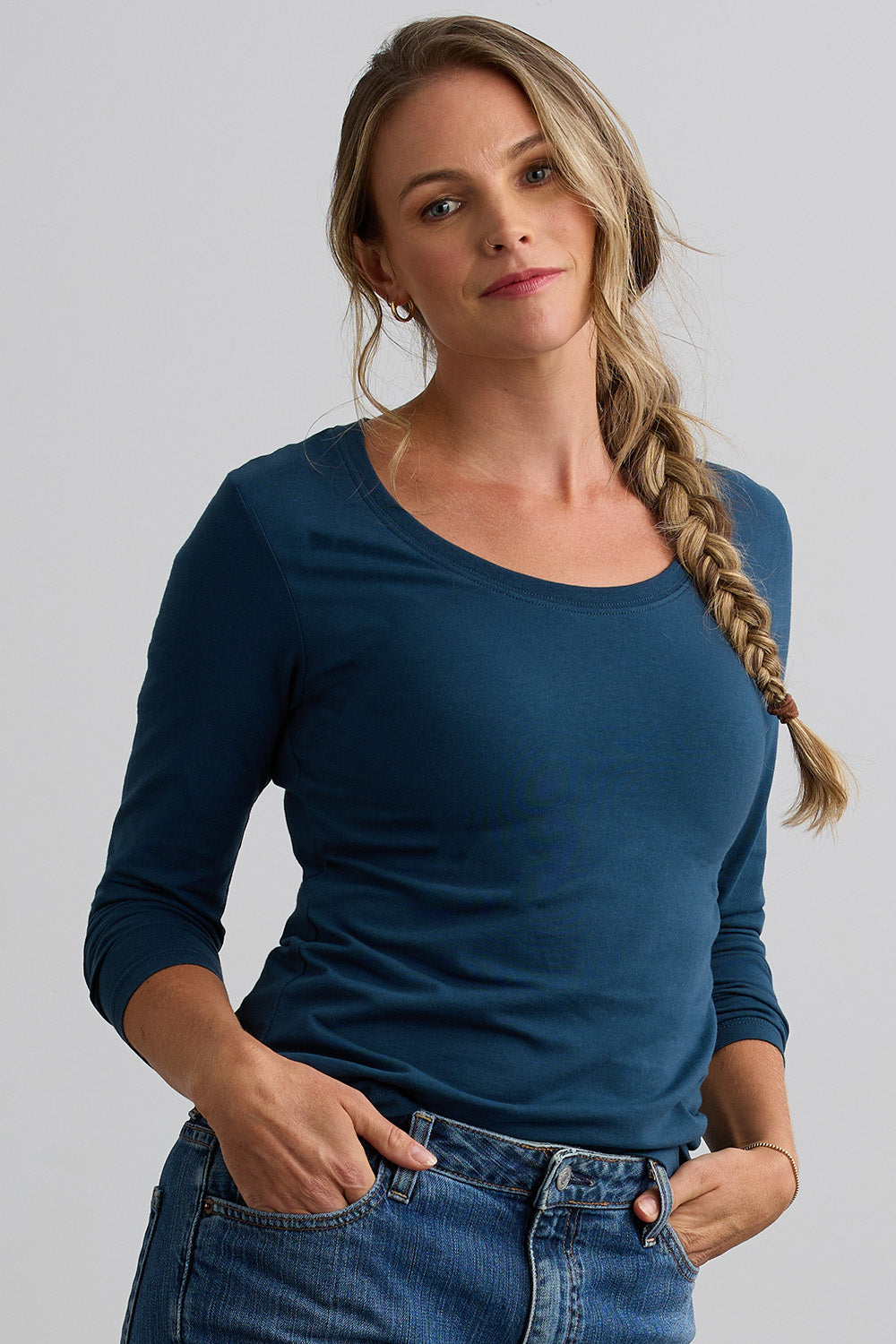 Women's Organic Cotton Scoop Neck Long Sleeve Tee - Dark Ocean