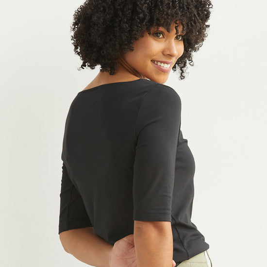 Women's Organic Cotton Elbow Sleeve Boat Neck Top - Black