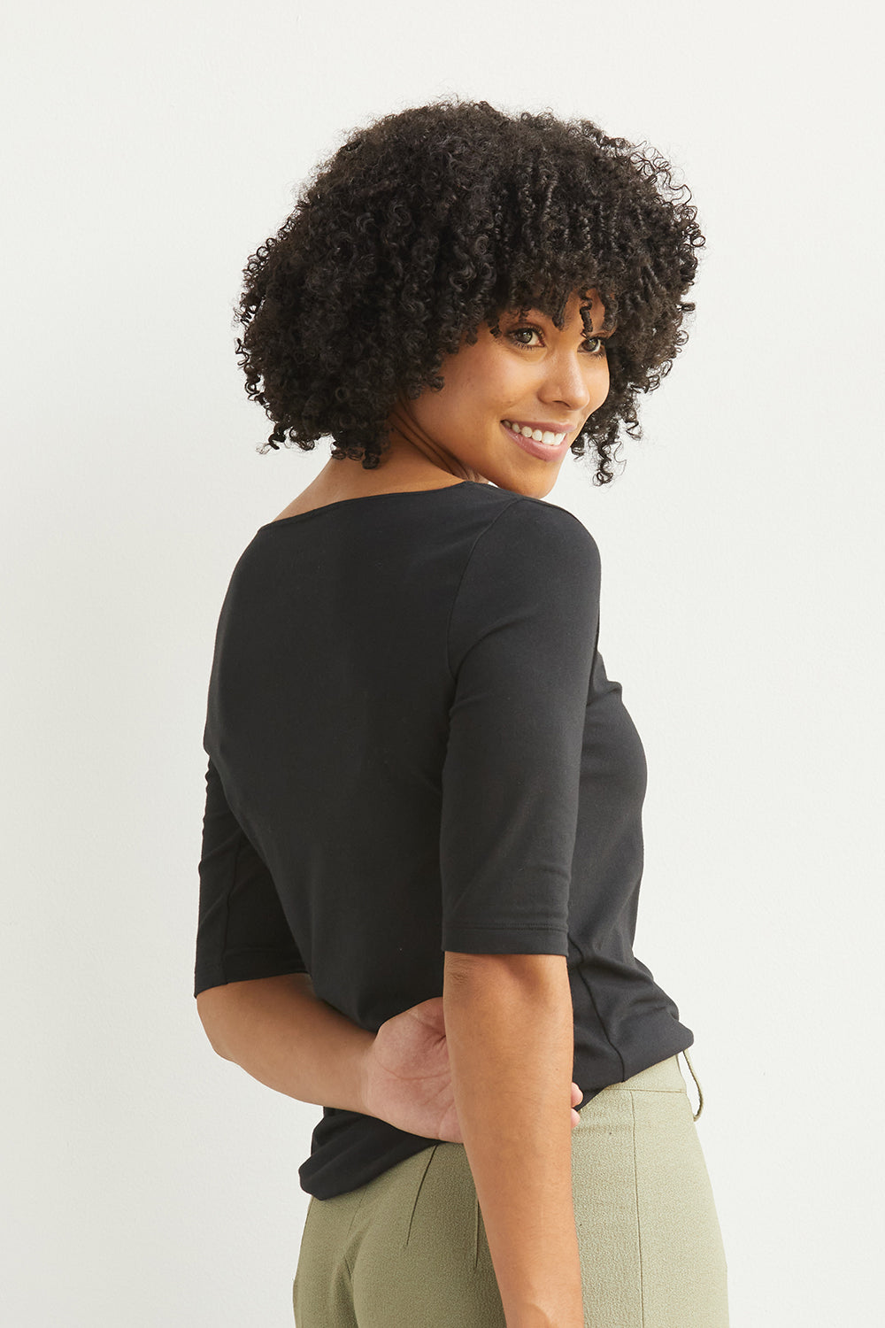 Women's Organic Cotton Elbow Sleeve Boat Neck Top - Black