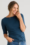 Women's Organic Cotton Elbow Sleeve Boat Neck Top - Dark Ocean