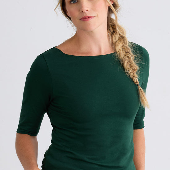 Women's Organic Cotton Elbow Sleeve Boat Neck Top - Dark Pine