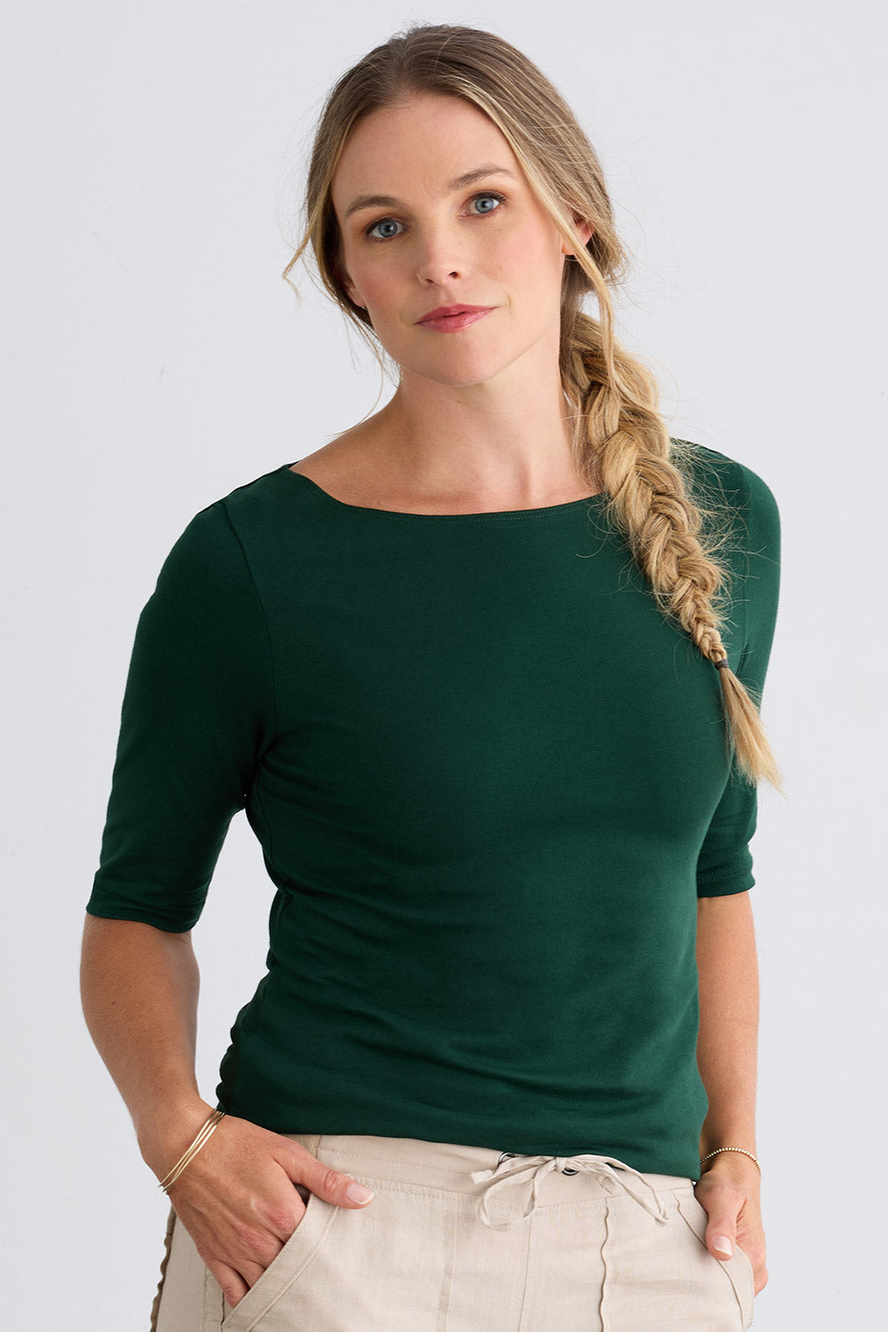 Women's Organic Cotton Elbow Sleeve Boat Neck Top - Dark Pine
