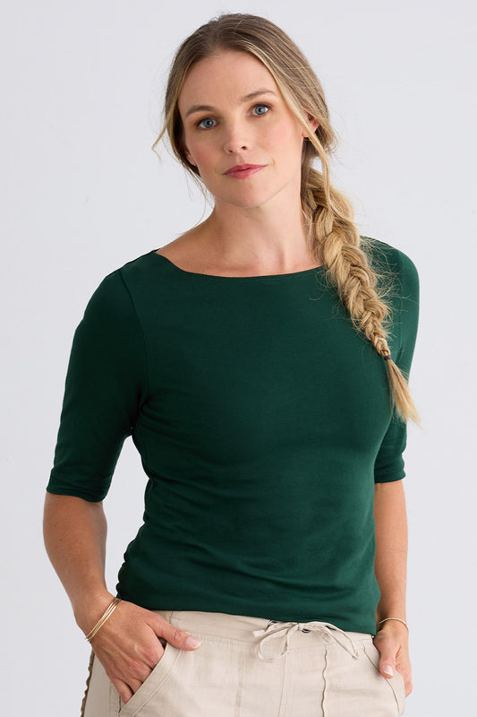 Women's Organic Cotton Elbow Sleeve Boat Neck Top - Dark Pine