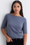 Women's Organic Cotton Elbow Sleeve Boat Neck Top - Slate