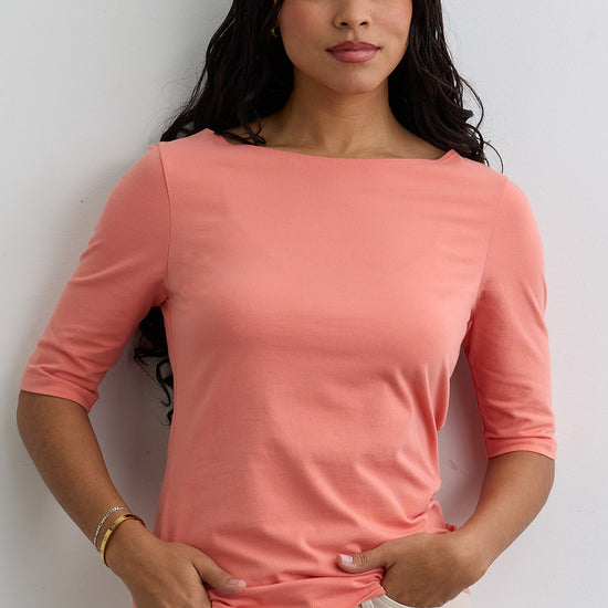 Women's Organic Cotton Elbow Sleeve Boat Neck Top - Soft Coral