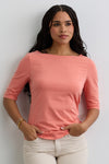 Women's Organic Cotton Elbow Sleeve Boat Neck Top - Soft Coral