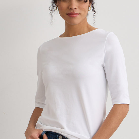Women's Organic Cotton Elbow Sleeve Boat Neck Top - White