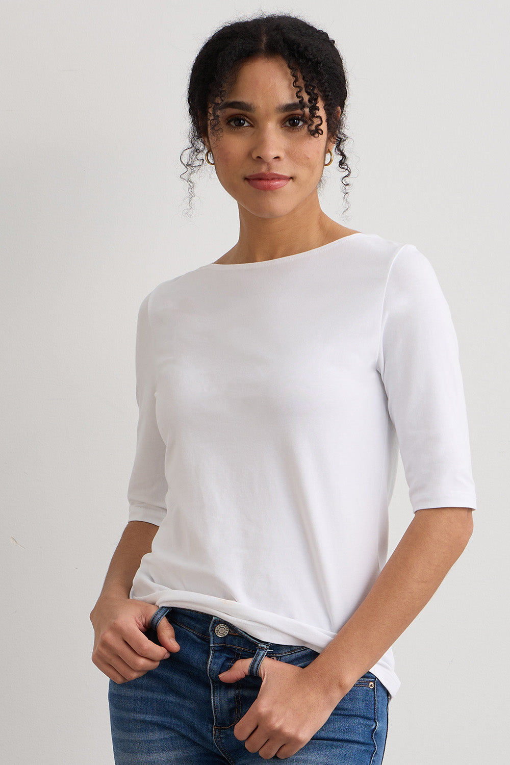 Women's Organic Cotton Elbow Sleeve Boat Neck Top - White