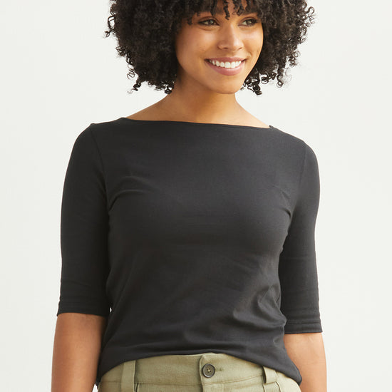 Women's Organic Cotton Elbow Sleeve Boat Neck Top - Black