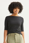 Women's Organic Cotton Elbow Sleeve Boat Neck Top - Black