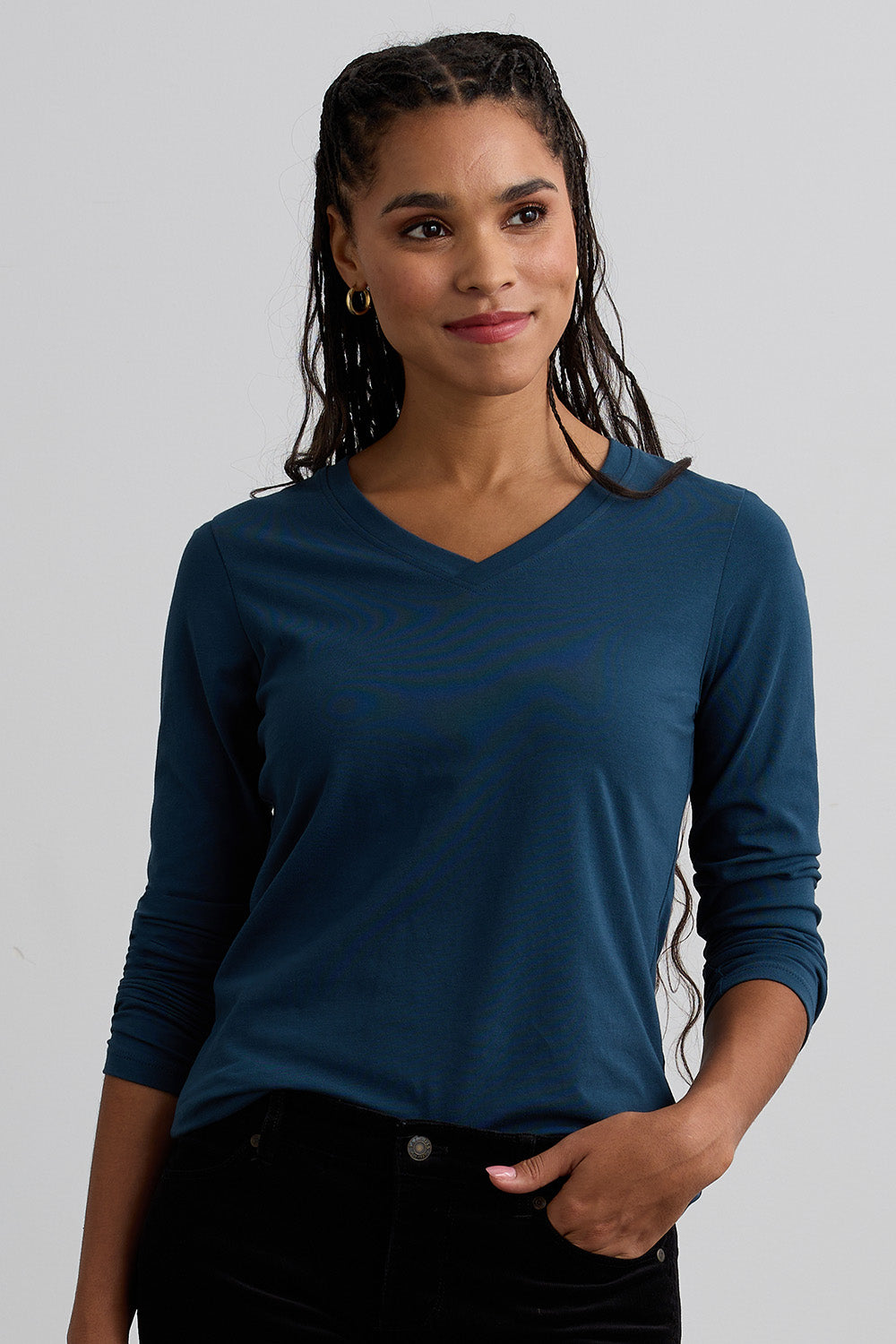Women's Organic Cotton Long Sleeve V-Neck T-Shirt - Dark Ocean