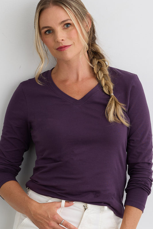 Women's Organic Cotton Long Sleeve V-Neck T-Shirt - Eggplant