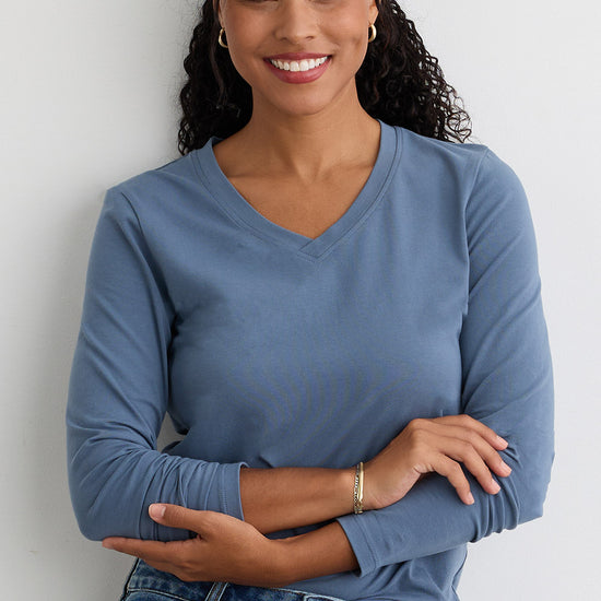 Women's Organic Cotton Long Sleeve V-Neck T-Shirt - Storm Blue