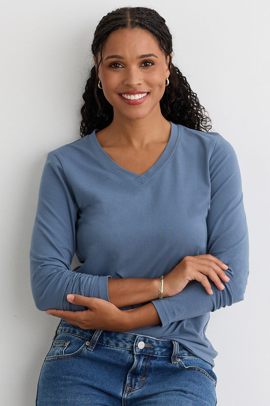 Women's Organic Cotton Long Sleeve V-Neck T-Shirt - Storm Blue