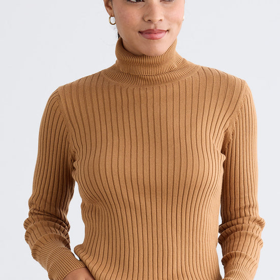 Women's Organic Cotton Ribbed Turtleneck Sweater - Camel