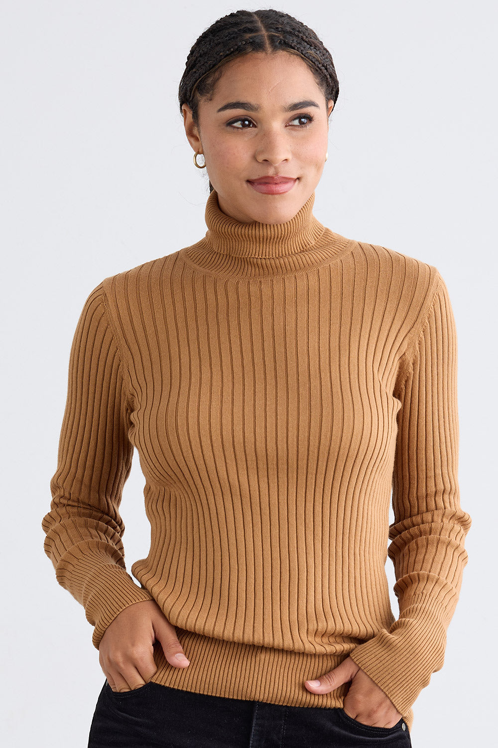 Women's Organic Cotton Ribbed Turtleneck Sweater - Camel