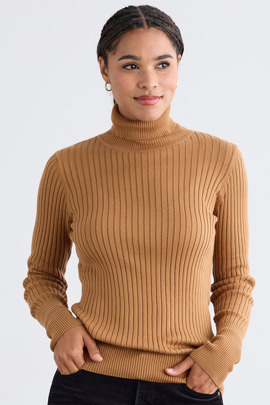 Women's Organic Cotton Ribbed Turtleneck Sweater - Camel