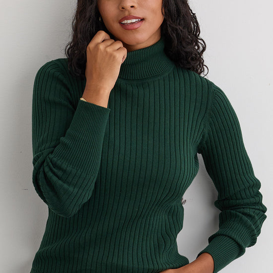 Women's Organic Cotton Ribbed Turtleneck Sweater - Dark Pine