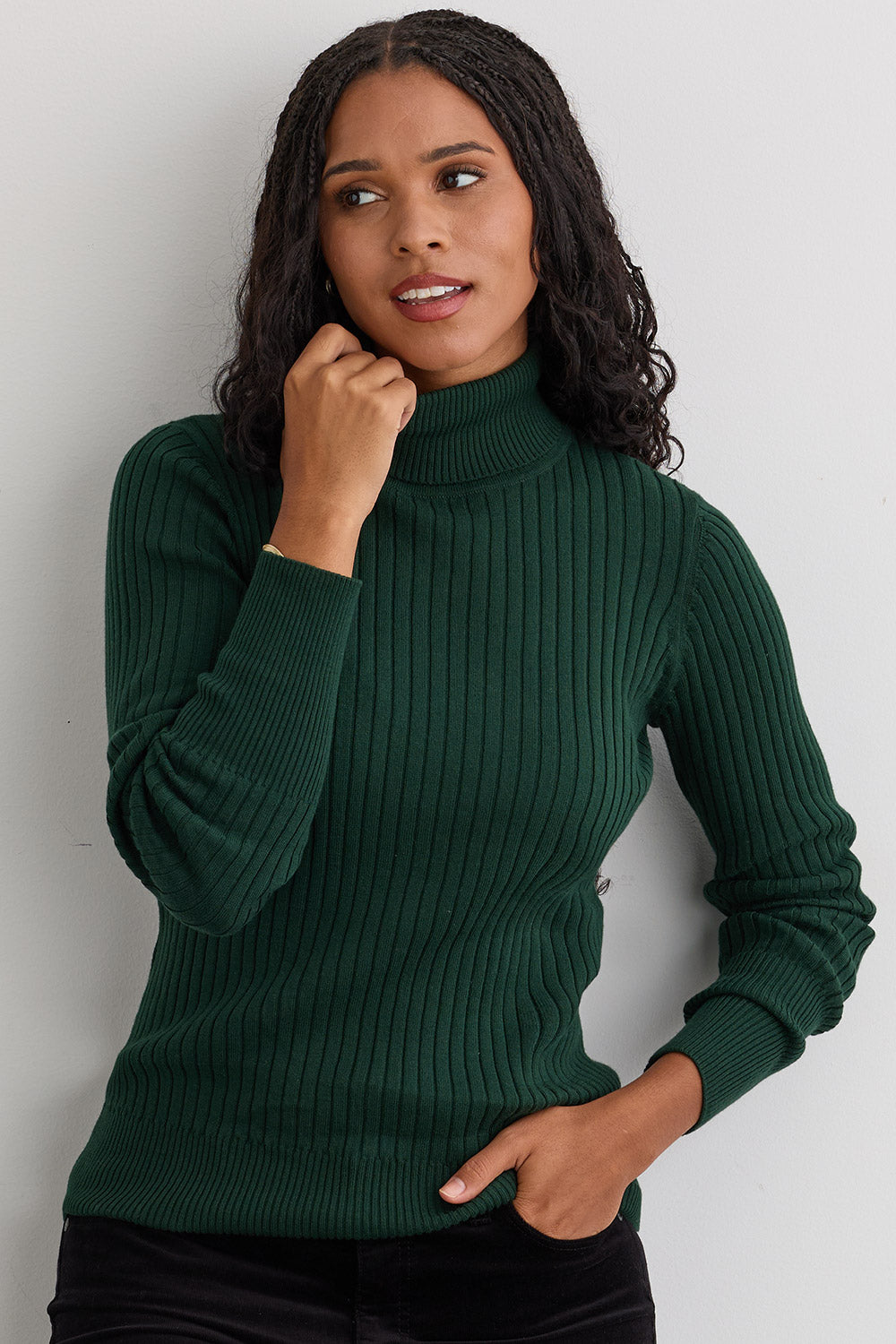 Women's Organic Cotton Ribbed Turtleneck Sweater - Dark Pine