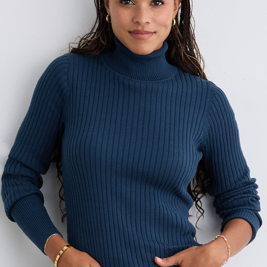 Women's Organic Cotton Ribbed Turtleneck Sweater - Indigo