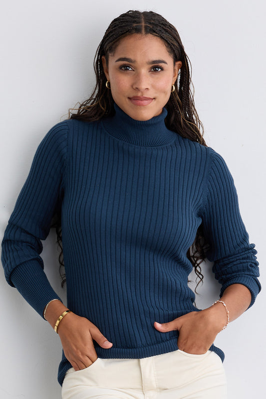 Women's Organic Cotton Ribbed Turtleneck Sweater - Indigo