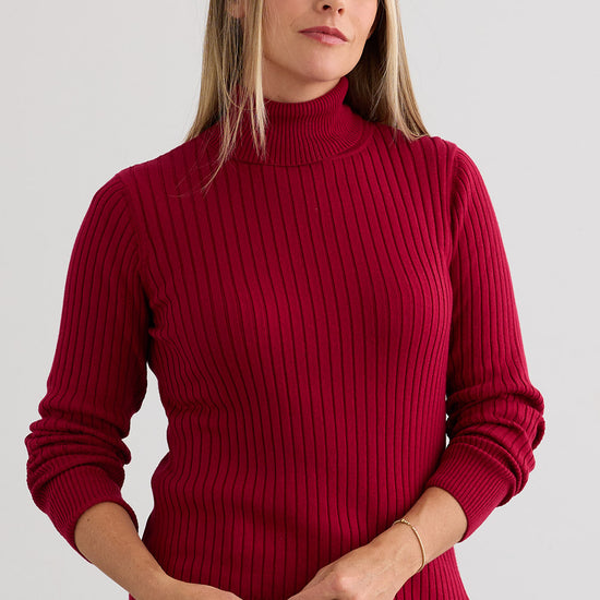 Women's Organic Cotton Ribbed Turtleneck Sweater - Raspberry