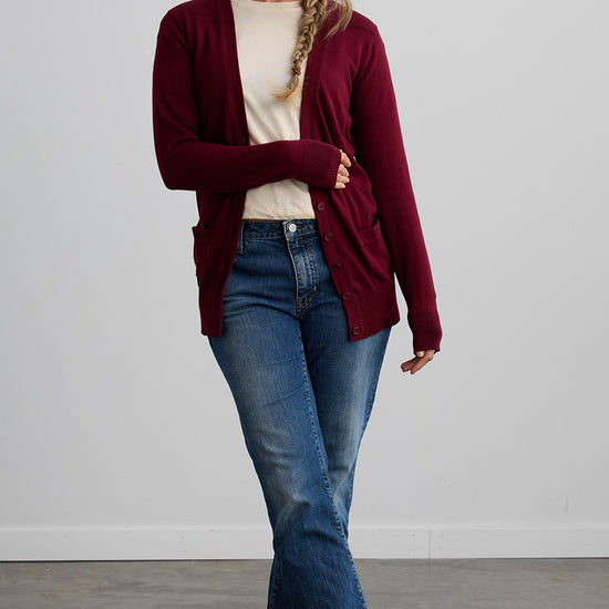 Women's Organic Boyfriend Cardigan Sweater - Wine