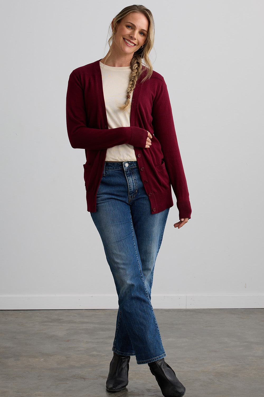 Women's Organic Boyfriend Cardigan Sweater - Wine