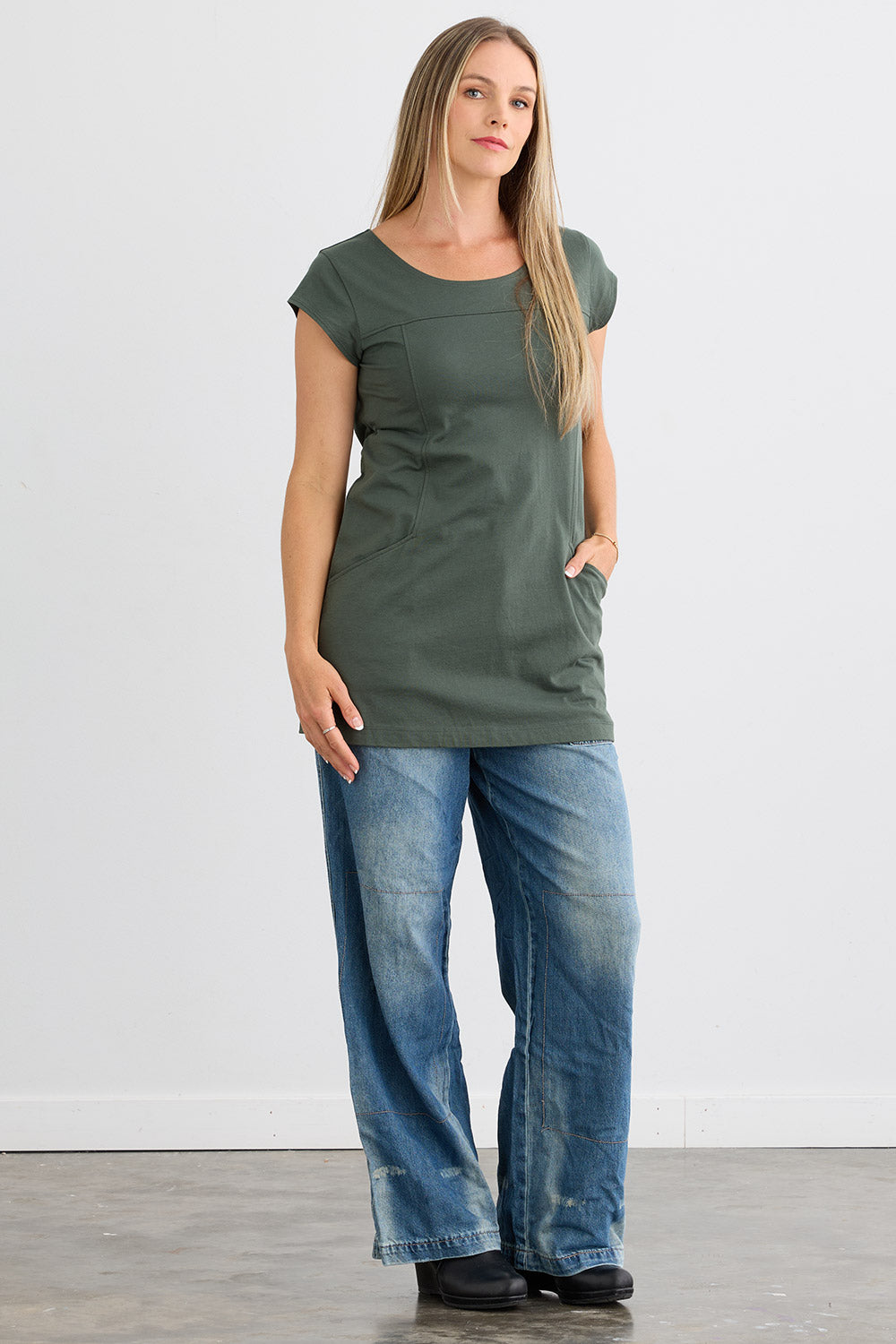 Women's Organic Cotton Cap Sleeve Tunic with Pockets - Balsam