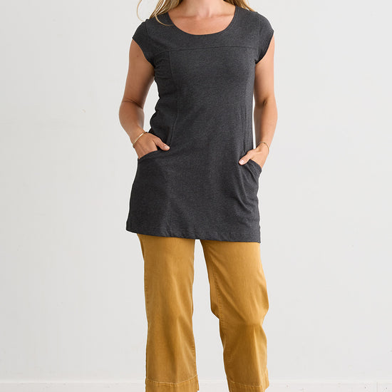 Women's Organic Cotton Cap Sleeve Tunic with Pockets - Dark Charcoal Heather