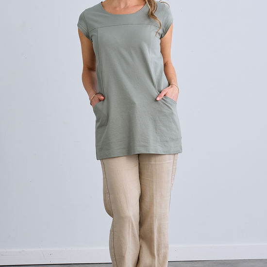 Women's Organic Cotton Cap Sleeve Tunic with Pockets - Sage