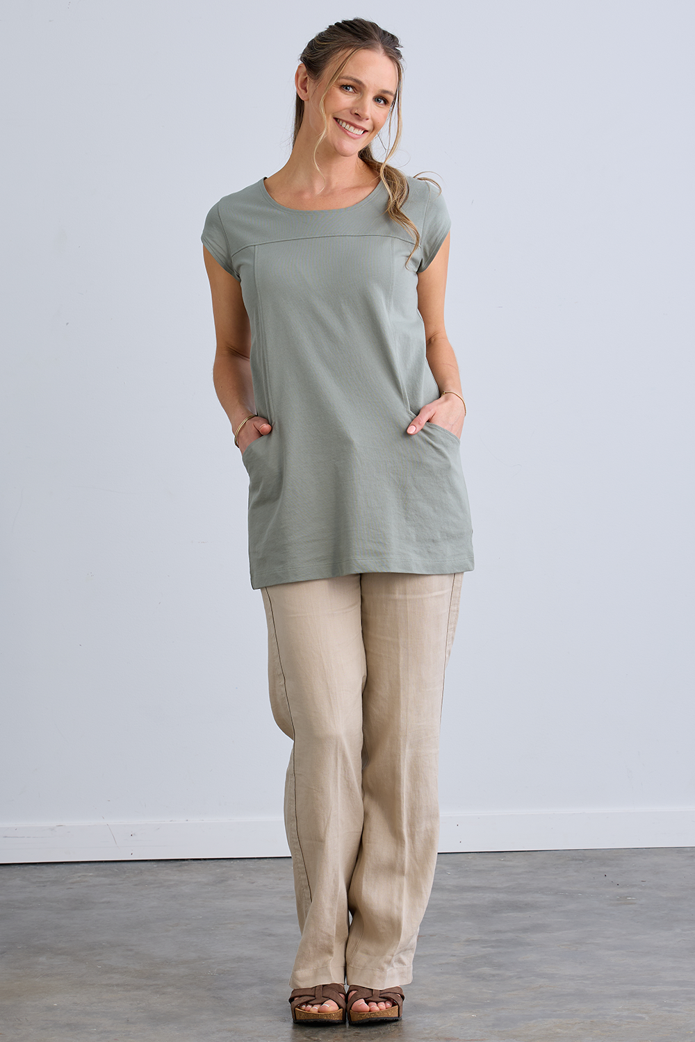 Women's Organic Cotton Cap Sleeve Tunic with Pockets - Sage