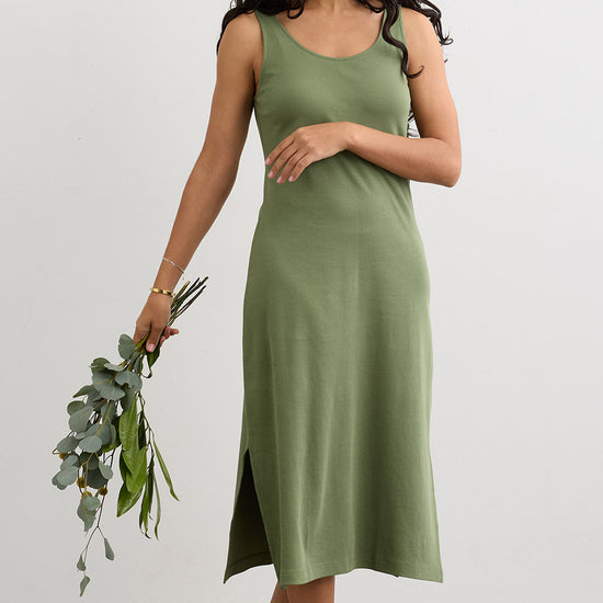 Women's 100% Organic Cotton Midi Tank Dress - Willow Green