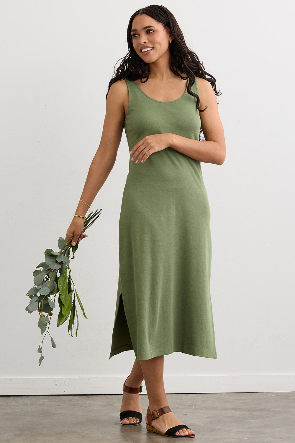 Women's 100% Organic Cotton Midi Tank Dress - Willow Green