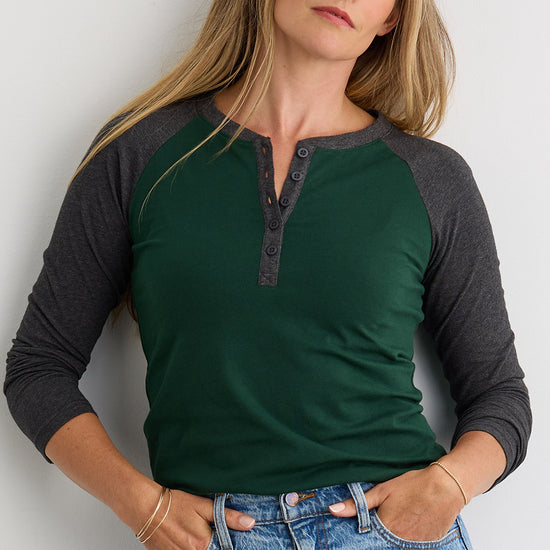 Women's Organic Raglan Sleeve Henley - Charcoal Dark Pine