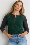 Women's Organic Raglan Sleeve Henley - Charcoal Dark Pine