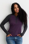 Women's Organic Cotton Long Sleeve Raglan Henley - Charcoal Eggplant