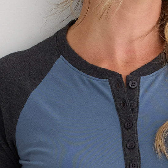 Women's Organic Cotton Long Sleeve Raglan Henley - Charcoal Storm Blue