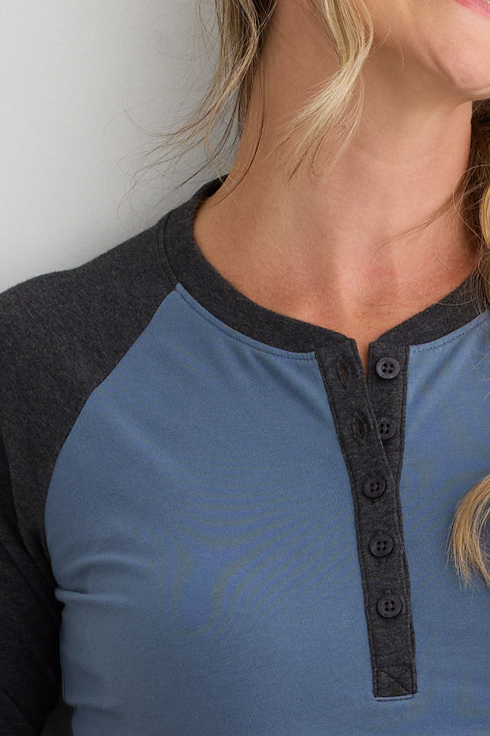 Women's Organic Cotton Long Sleeve Raglan Henley - Charcoal Storm Blue