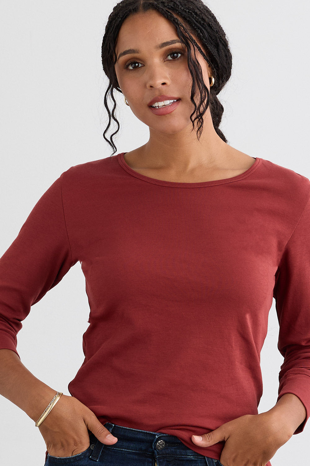 Women's Luxe 100% Organic Cotton Jewel Neck Long Sleeve Tee - Auburn