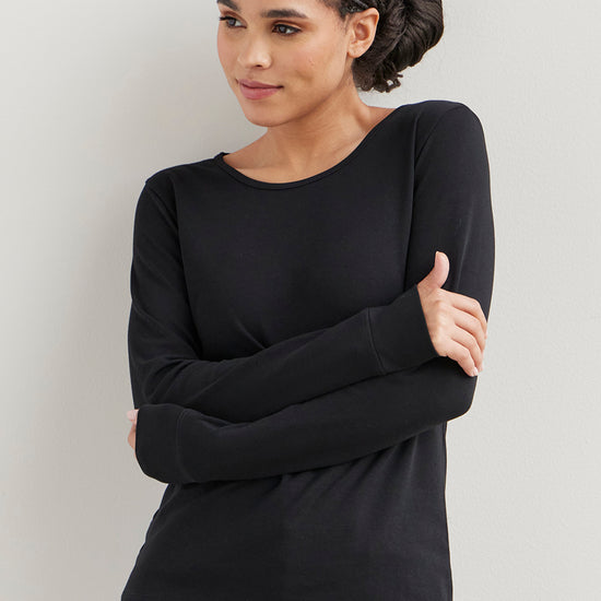 Women's Luxe 100% Organic Cotton Jewel Neck Long Sleeve Tee - Black