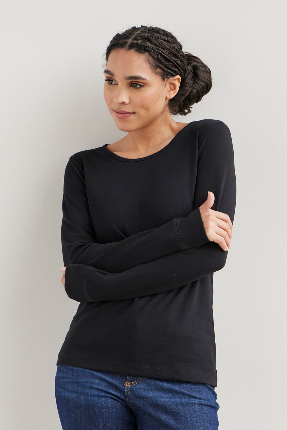 Women's Luxe 100% Organic Cotton Jewel Neck Long Sleeve Tee - Black