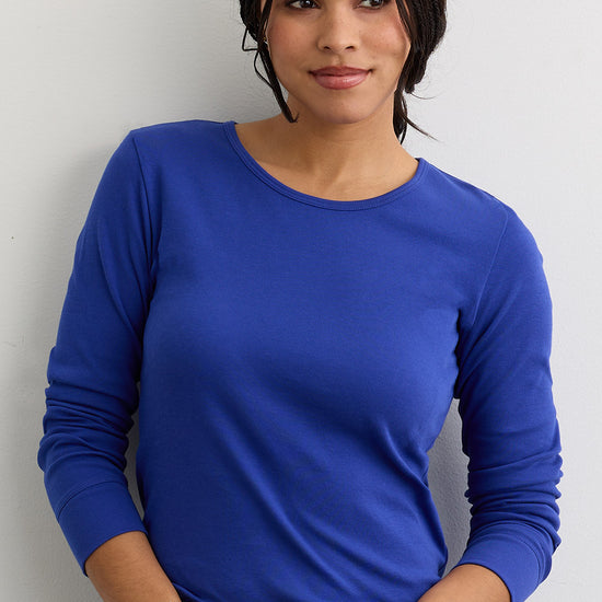 Women's Luxe 100% Organic Cotton Jewel Neck Long Sleeve Tee - Cobalt