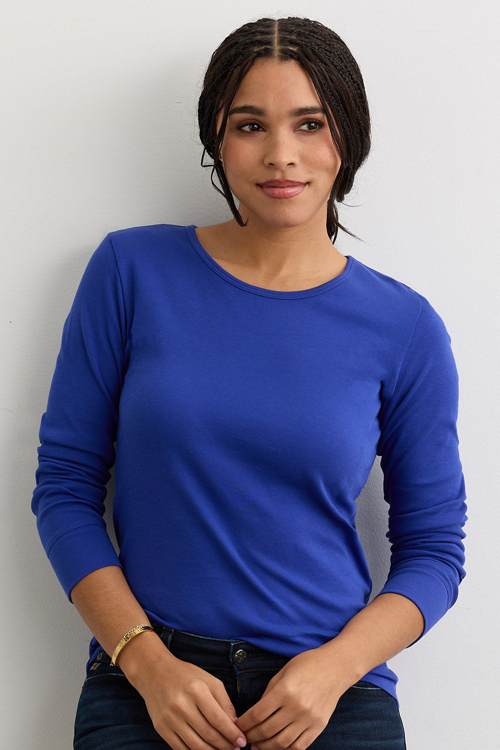 Women's Luxe 100% Organic Cotton Jewel Neck Long Sleeve Tee - Cobalt