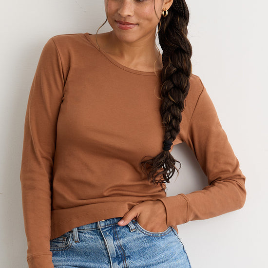 Women's Luxe 100% Organic Cotton Jewel Neck Long Sleeve Tee - Cognac